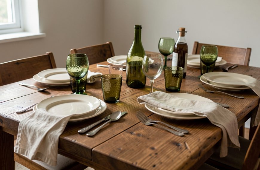 Table de repas contemporaine inspirée des Arts and Crafts, dressée avec des assiettes ivoire, des verres vert bouteille, des couverts martelés et des serviettes en lin écru, dans une lumière naturelle douce.