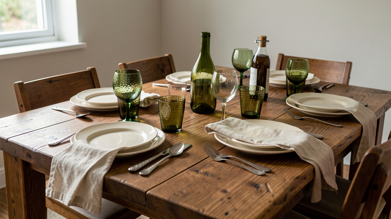Table de repas contemporaine inspirée des Arts and Crafts, dressée avec des assiettes ivoire, des verres vert bouteille, des couverts martelés et des serviettes en lin écru, dans une lumière naturelle douce.